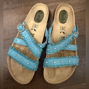 Birkenstock Betula Rhinestone Stud Bling Ruffle Leather Cork Strappy Sandals